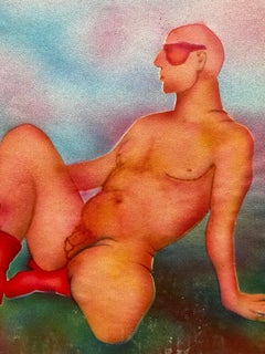 20th CENTURY FRENCH MODERNIST PAINTING -  EROTIC MALE NUDE PORTRAIT IN RED BOOTS