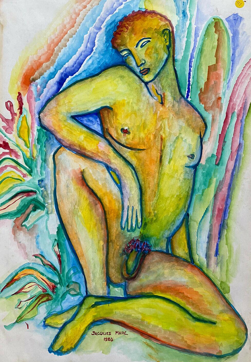 Jean Marc Nude Painting – COLORFUL 20. Jahrhundert LARGE FRENCH MODERNIST PAINTING - STANDING MALE NUDE
