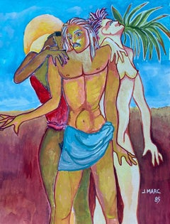 COLORFUL 20th CENTURY FRENCH MODERNIST PAINTING - NUDE FIGURES IN DESERT