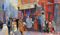 Grande huile impressionniste française signée - scène vintage d'une rue parisienne animée