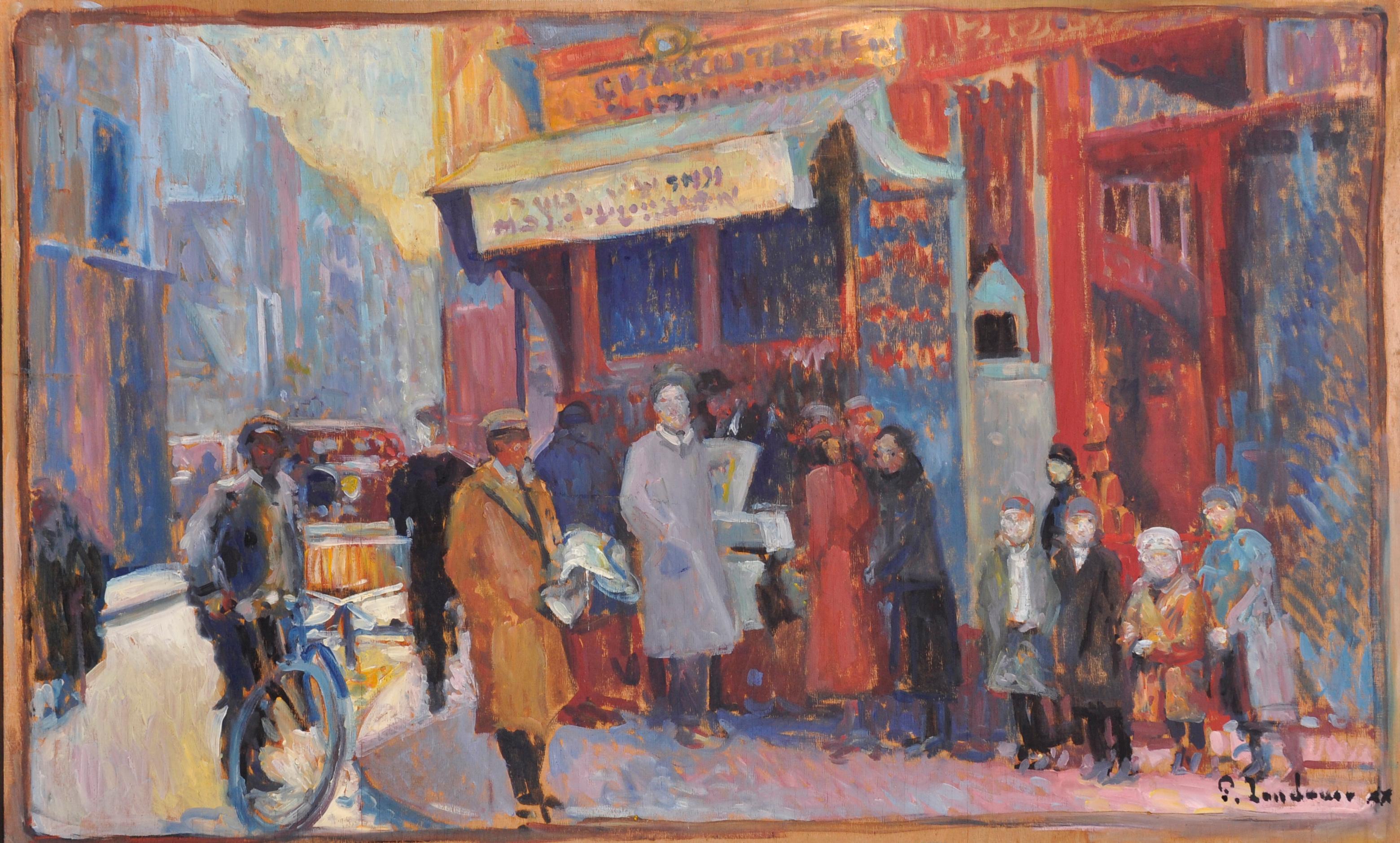 Grande huile impressionniste française signée - scène vintage d'une rue parisienne animée - Painting de Patrice Landauer