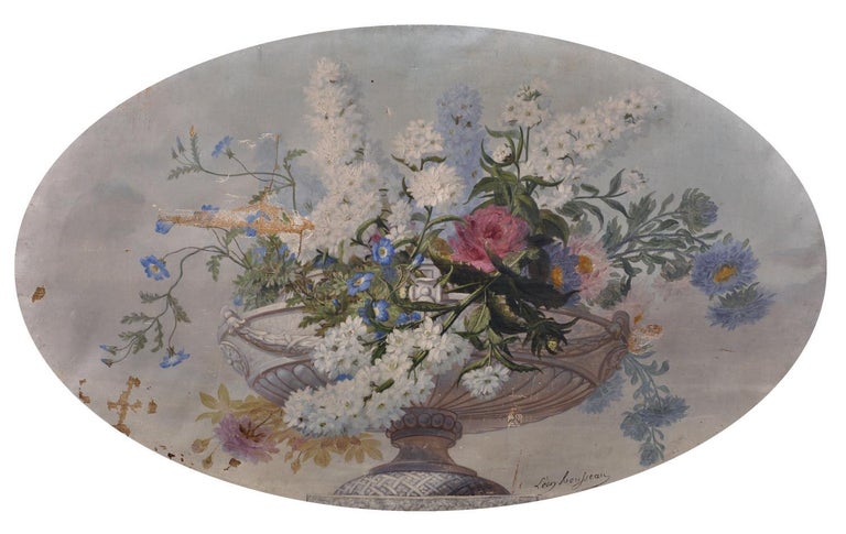 Large 19th Century Classical Flowers in Urn Fine French Oval Oil Painting - Gray Interior Painting by Leon Rousseau 