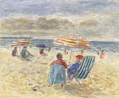 Figures on Beach Looking out to Brittany Coastline Seascape French oil