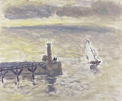 Peinture à l'huile impressionniste française signée « Fecamp Brittany Coastline » représentant des voiliers