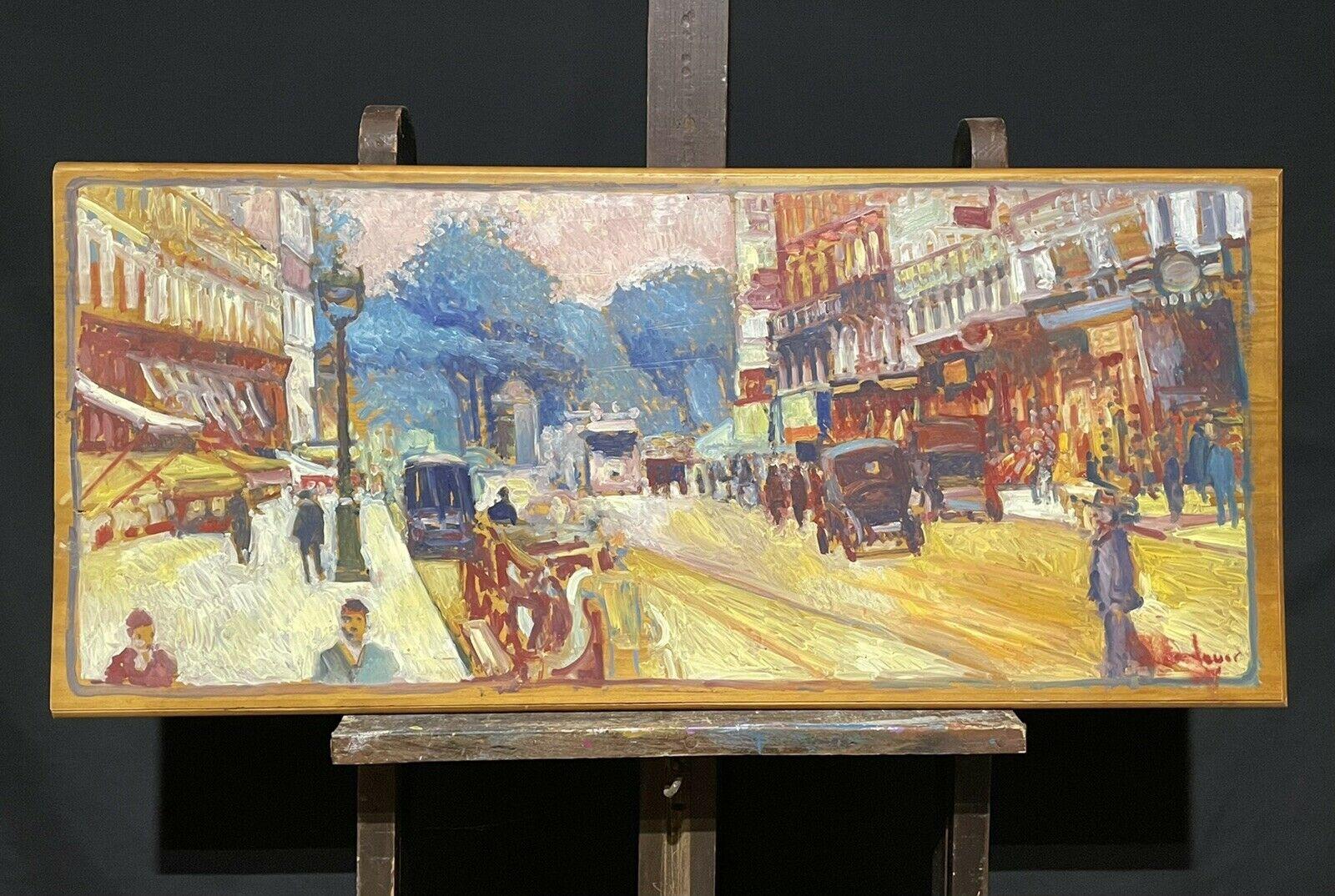 Grande huile impressionniste française signée - Scène de rue parisienne vintage - Painting de Patrice Landauer