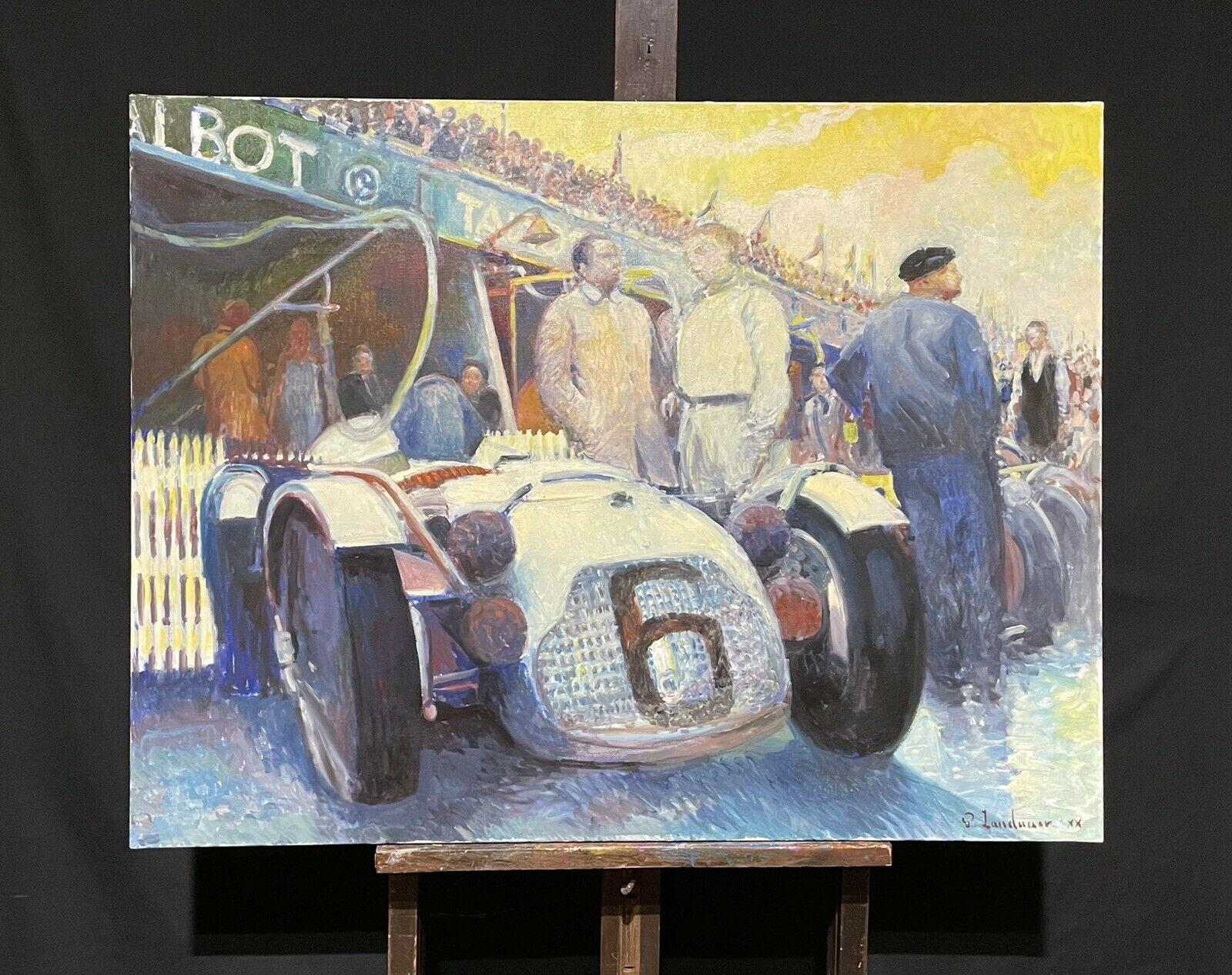Grande huile impressionniste française signée - scène de course automobile vintage - Painting de Patrice Landauer