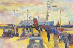 Huge Signed French Impressionist Oil - Vintage Cruise Liner Dock Scene