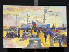 Huge Signed French Impressionist Oil - Vintage Cruise Liner Dock Scene