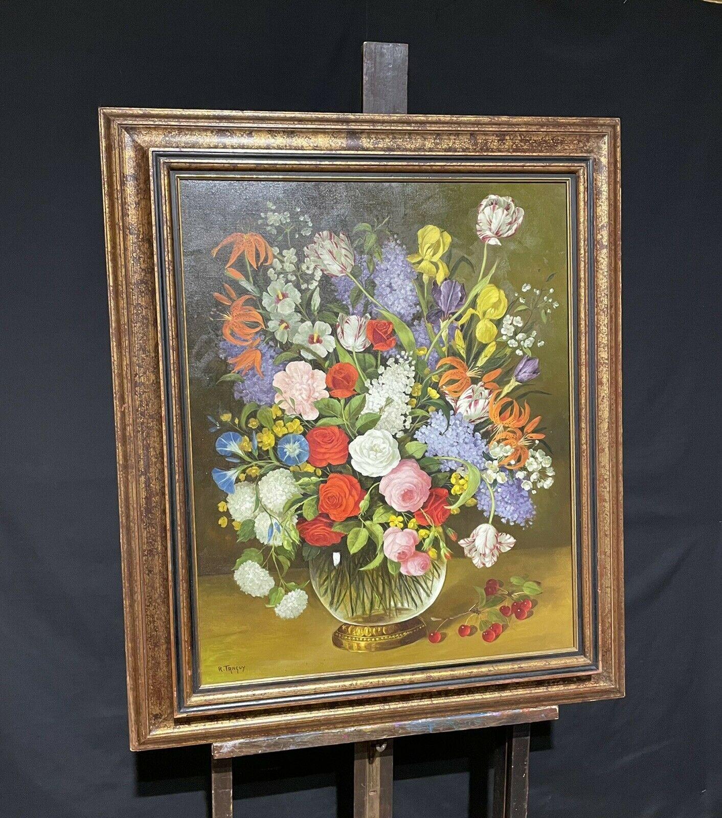 FINE FRENCH STILL LIFE ORNAMENTAL FLOWERS IN GLASS VASE - SIGNED OIL - LARGE - Painting by R. Tanguy