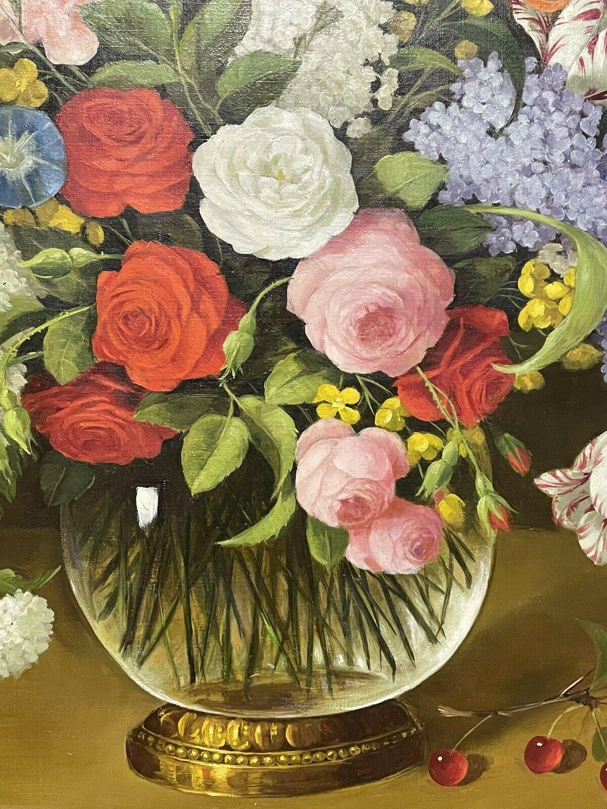 Artist/ School: French School, signed lower left, second half 20th century

Title: Ornamental Still Life Flowers within a Glass Vase

Medium: oil painting, on canvas, framed.

Size:       frame: 40.75 x 31.5 inches
               painting: 32 x 25.5