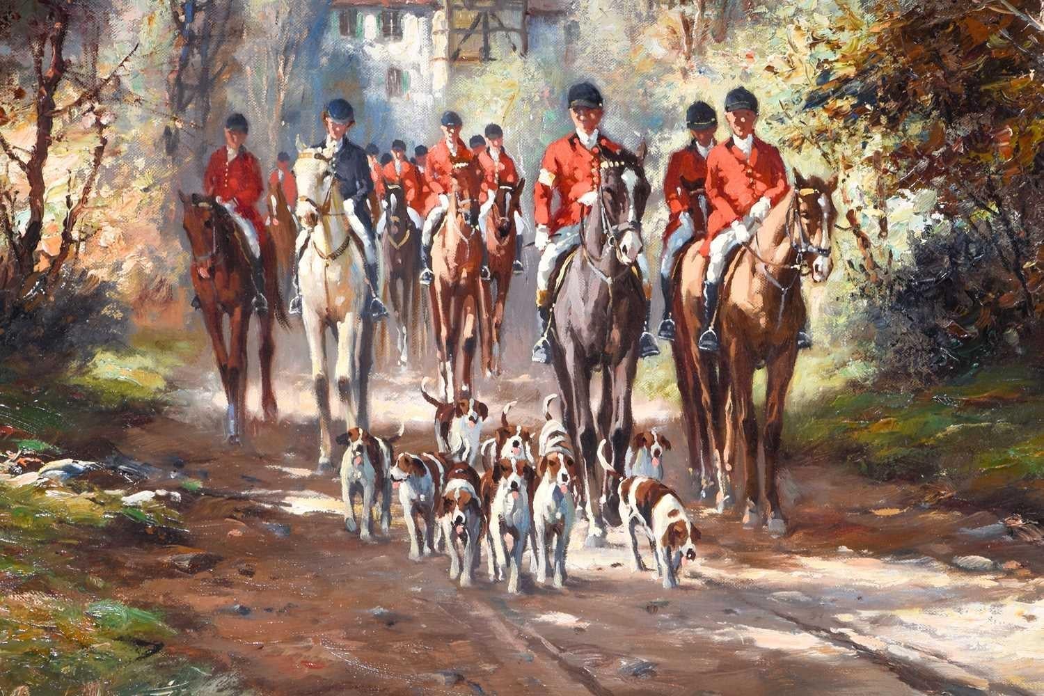 LARGE BRITISH HUNTING SCENE SIGNED OIL PAINTING - RIDERS ON HORSE BACK & HOUNDS - Painting by H. Alton