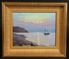 FINE RUSSIAN SIGNED OIL - SAILING BOAT ANCHORED COASTLINE AT SUNSET - FRAMED