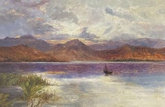 SIGNED ANTIQUE SCOTTISH HIGHLAND LOCH WITH FISHERMEN AT SUNSET - OIL PAINTING