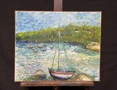 CLAUDINE RIBOULET (French 1924-2013) LARGE SIGNED FRENCH OIL - BOATS IN HARBOUR