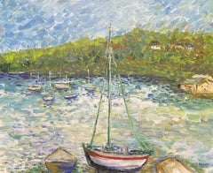 CLAUDINE RIBOULET (French 1924-2013) LARGE SIGNED FRENCH OIL - BOATS IN HARBOUR