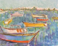 CLAUDINE RIBOULET (French 1924-2013) LARGE FRENCH OIL - COLOURFUL BOATS HARBOUR