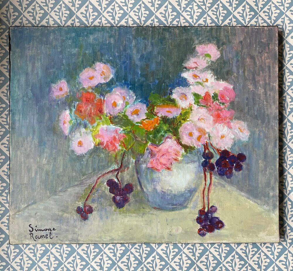 Simone Ramel Landscape Painting - SIMONE RAMEL (FRENCH 1960'S) SIGNED OIL - FLOWERS IN VASE - PINK SHADES