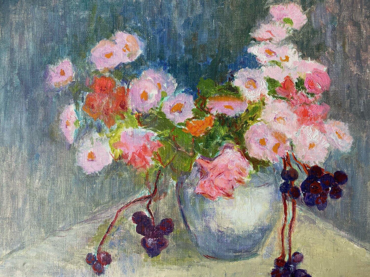 SIMONE RAMEL (FRENCH 1960'S) SIGNED OIL - FLOWERS IN VASE - PINK SHADES - Painting by Simone Ramel
