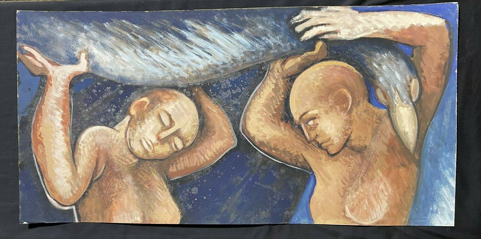 CLAUDE LAGOUCHE (1943-2020) OLIO SURREALISTA DI GRANDI DIMENSIONI DEL 1970 - FIGURE E UCCELLI - Painting di Claude Lagouche