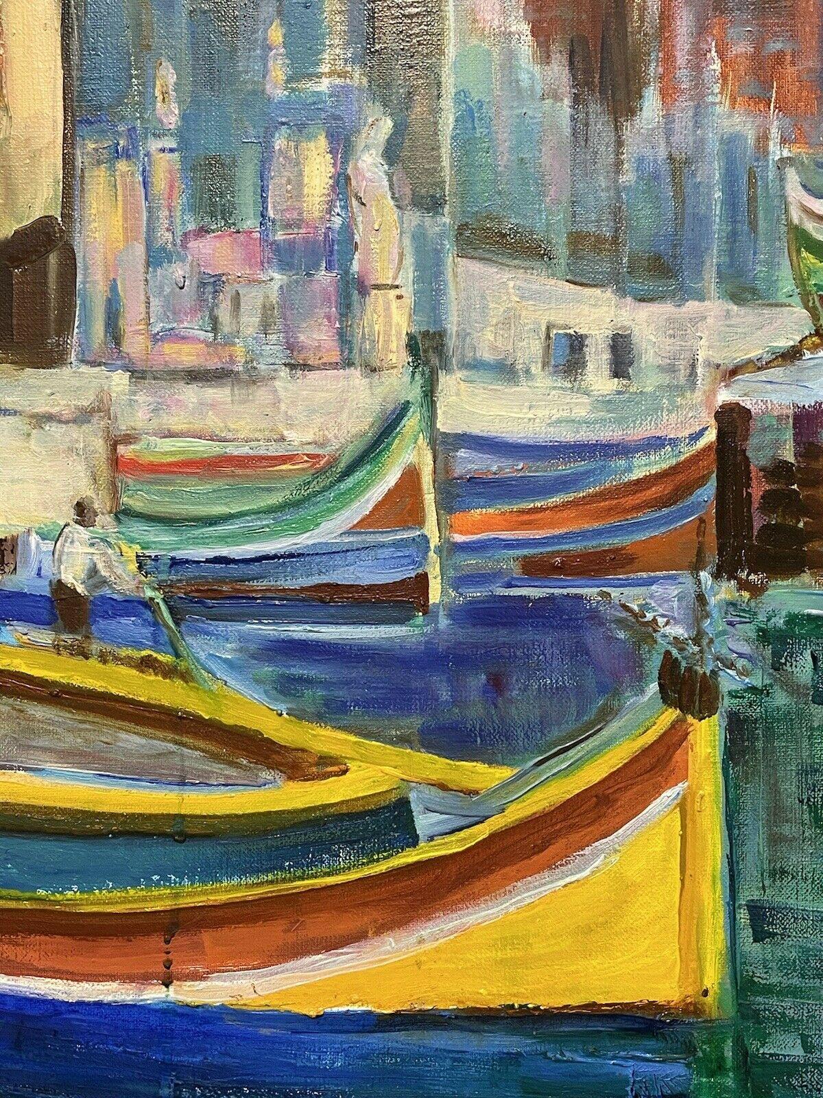 CLAUDINE RIBOULET (French 1924-2013) LARGE SIGNED OIL - BOATS ON BUSY CITY CANAL - Impressionist Painting by Claudine Riboulet