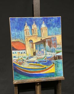 CLAUDINE RIBOULET (French 1924-2013) LARGE SIGNED OIL - BOATS ON BUSY CITY CANAL