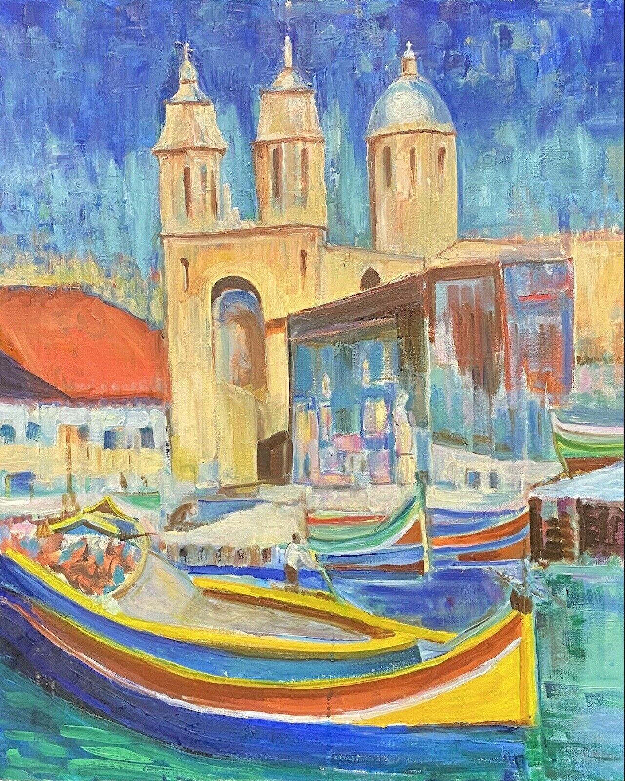 CLAUDINE RIBOULET (French 1924-2013) LARGE SIGNED OIL - BOATS ON BUSY CITY CANAL