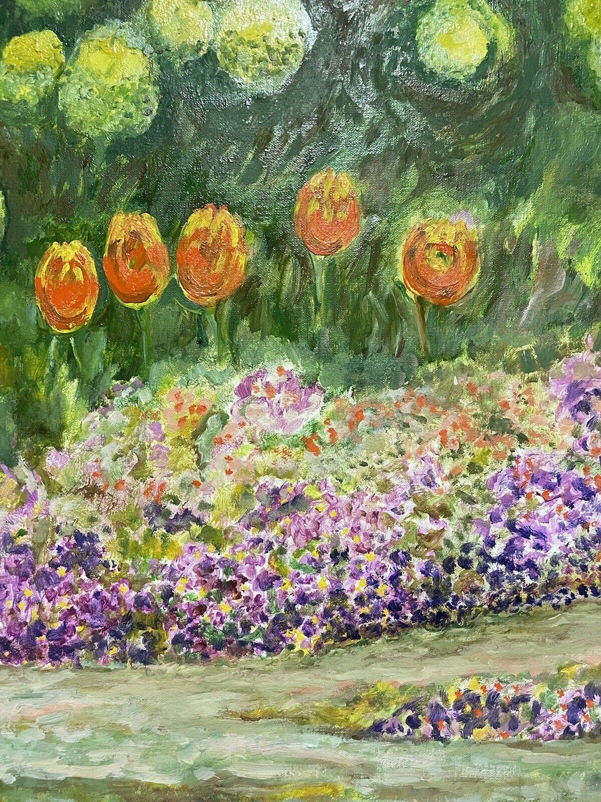 CLAUDINE RIBOULET (French 1924-2013) LARGE SIGNED OIL - TULIPS IN THE GARDEN For Sale 1