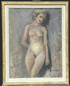 1930's FRENCH SIGNED VINTAGE OIL PAINTING - PORTRAIT OF NUDE YOUNG LADY - FRAMED