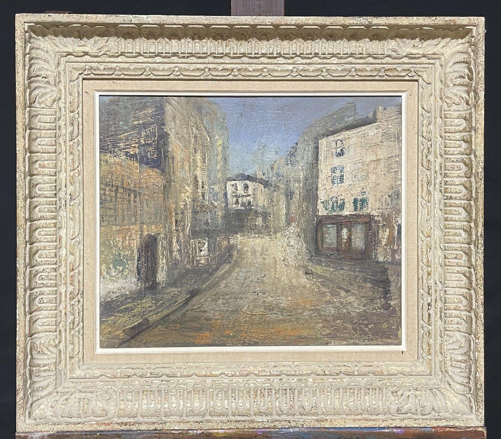 Claudine Riboulet Landscape Painting - 1950's FRENCH MODERNIST OIL PAINTING - CITY STREET SCENE - CARVED WOOD FRAME