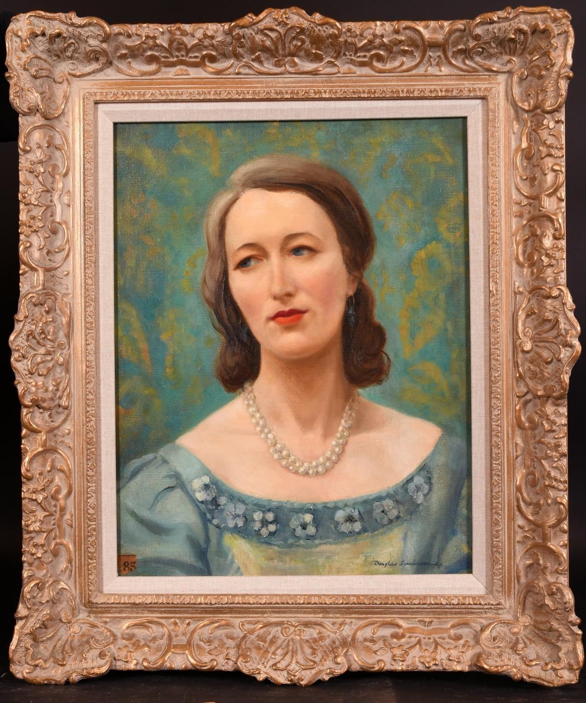 MID 20th CENTURY BRITISH OIL - PORTRAIT OF A LADY IN PEARL NECKLACE - TEAL GREEN - Painting by Douglas Swainson