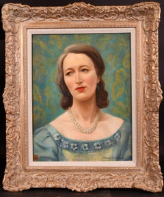 MID 20. Jahrhundert BRITISH OIL - PORTRAIT einer LADY IN PEARL NECKLACE - TEAL GRÜN