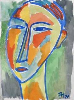 Vintage JEAN MARC (1949-2019) 20th CENTURY FRENCH MODERNIST PAINTING - PORTRAIT OF FACE