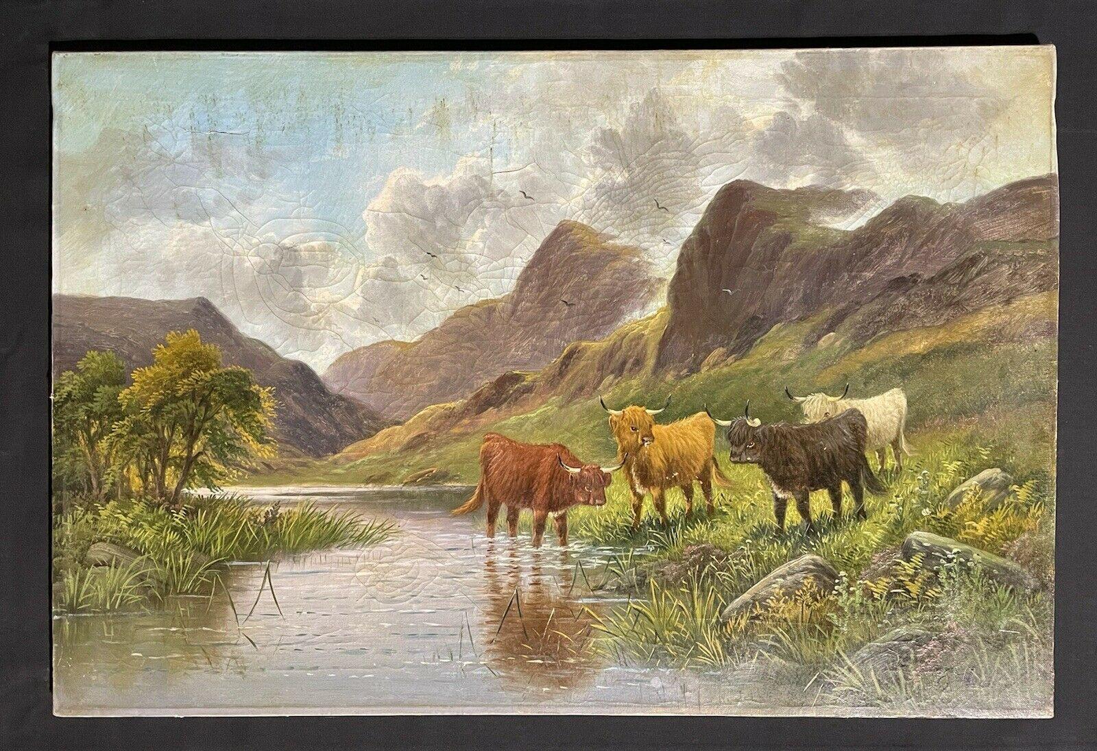 ANTIQUE SCOTTISH SIGNED OIL - CATTLE WATERING IN MOUNTAINOUS SUMMERS RIVER GLEN - Painting by E. Heaton