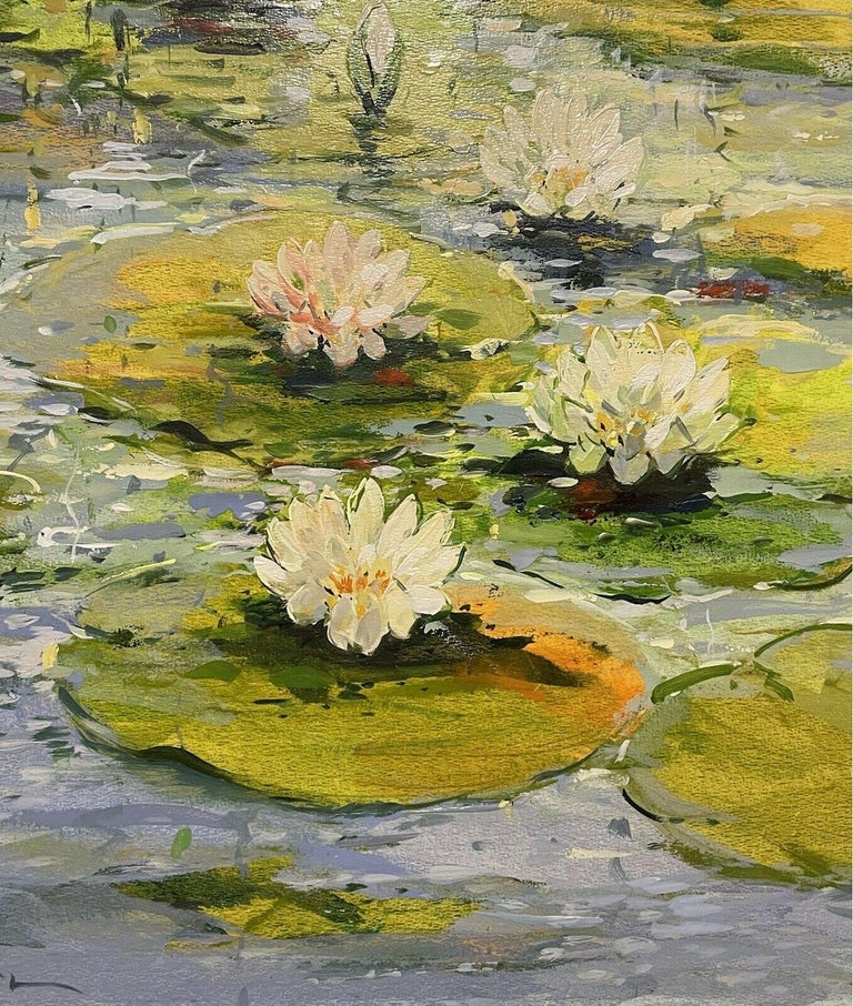 LARGE IMPRESSIONIST SIGNED PAINTING - THE WATERLILY POND For Sale 1