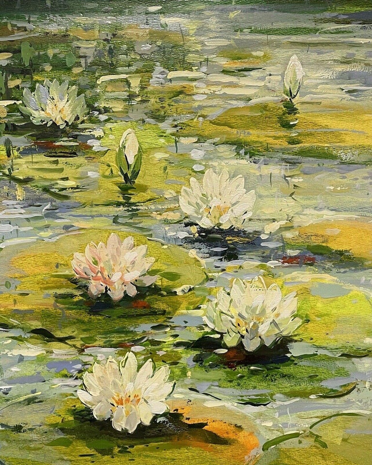 LARGE IMPRESSIONIST SIGNED PAINTING - THE WATERLILY POND For Sale 2