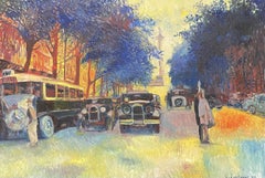 Enorme olio impressionista francese firmato - Scena vintage di strada parigina affollata