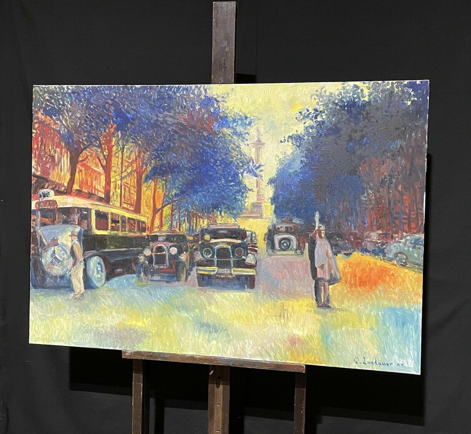 Huge Signed French Impressionist Oil - Busy Parisian Street Vintage Scene - Painting by Patrice Landauer
