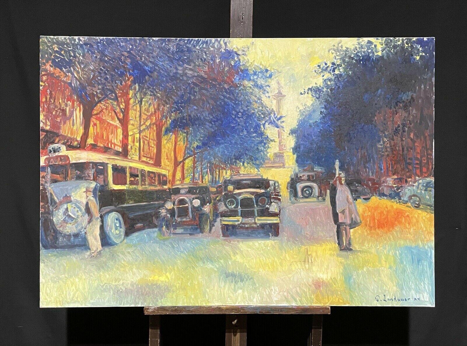 Huge Signed French Impressionist Oil - Busy Parisian Street Vintage Scene - Brown Figurative Painting by Patrice Landauer