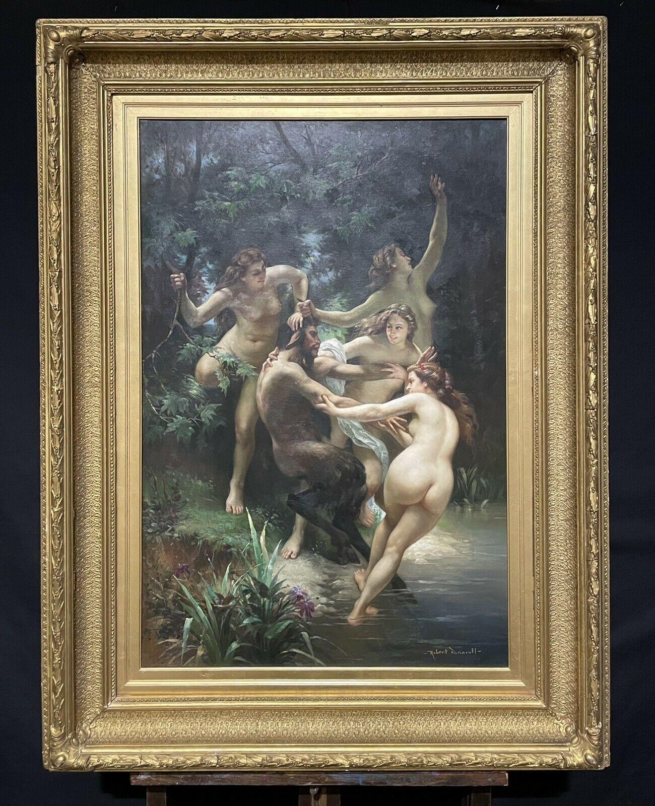 HUGE SIGNED OIL PAINTING ANTIQUE GILT FRAME - NYMPHS & SATYR AFTER BOUGUEREAU - Painting by Robert Driscoll
