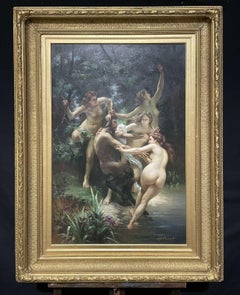 HUGE SIGNED OIL PAINTING ANTIQUE GILT FRAME - NYMPHS & SATYR AFTER BOUGUEREAU