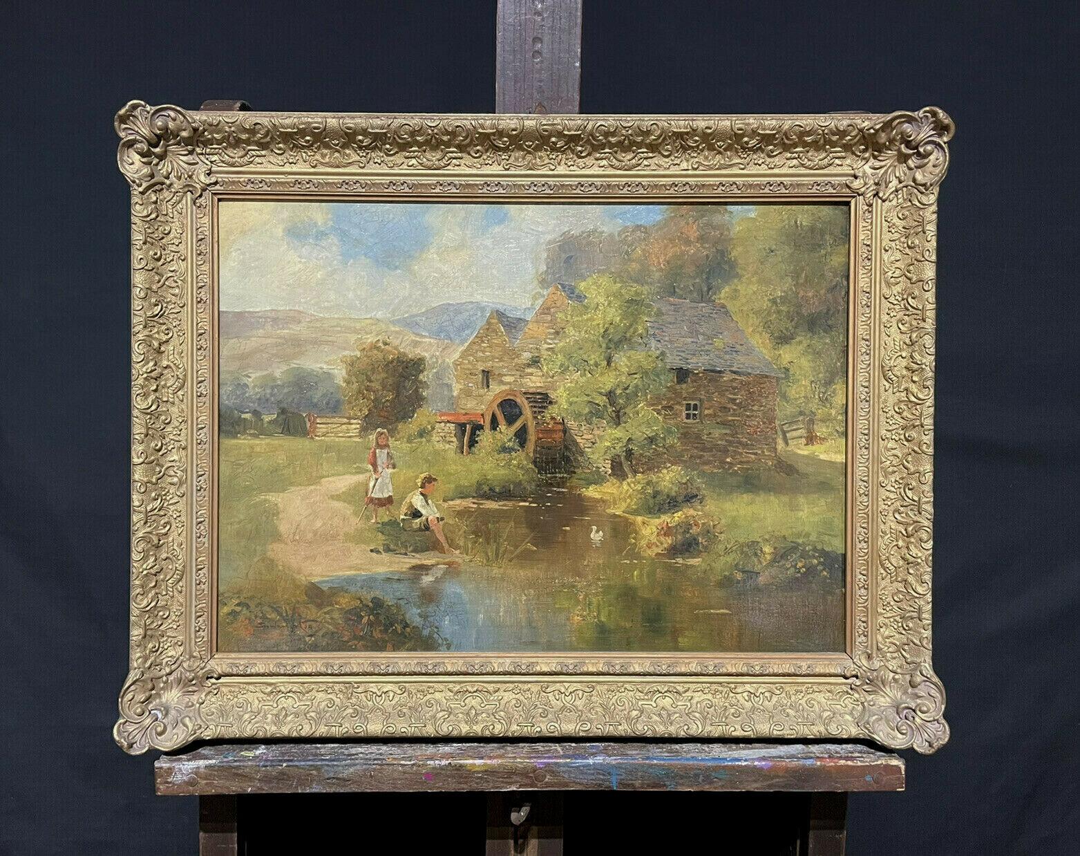 SIGNED VICTORIAN ENGLISH OIL PAINTING - CHILDREN PLAYING WATERMILL STREAM DUCKS - Painting by S. Warburton