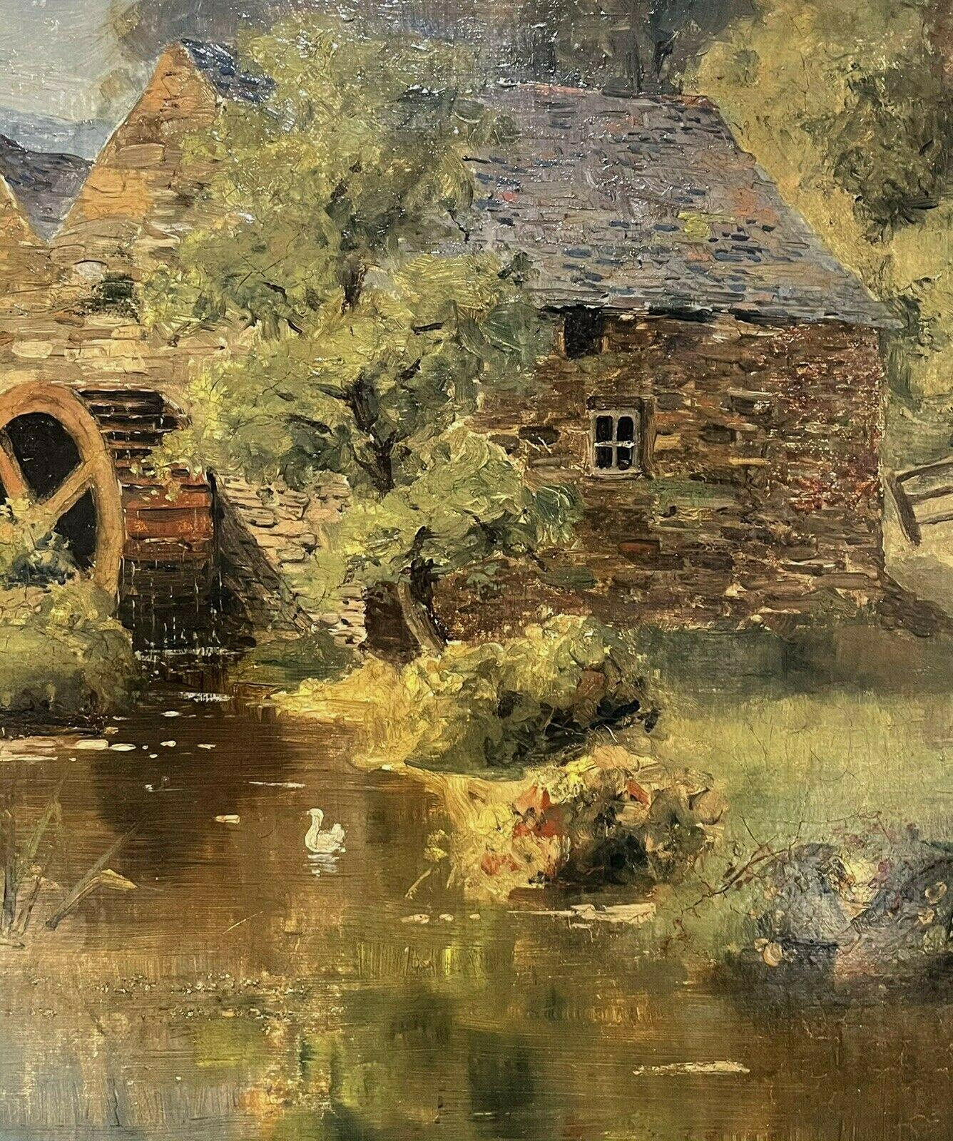 Peinture à l'huile espagnole SIGNÉE VICTORIAN ENGLISH - DUCKS DE STREAM EN MAINTENANT DE WATERMILL - Marron Landscape Painting par S. Warburton