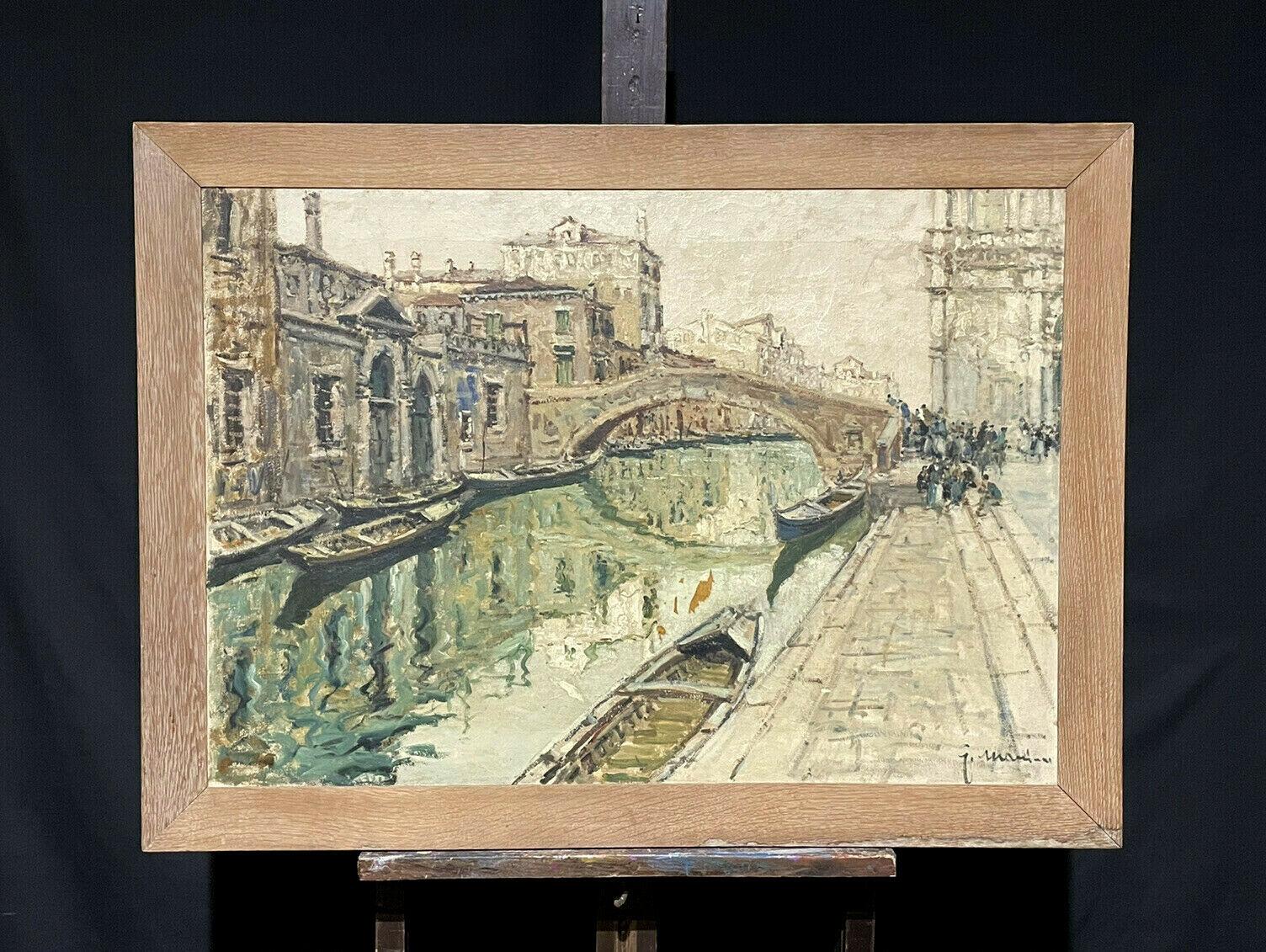 VERY LARGE 1960'S ITALIAN SIGNED OIL - MOODY IMPRESSIONIST VENICE CANAL SCENE - Painting by Italian Signed