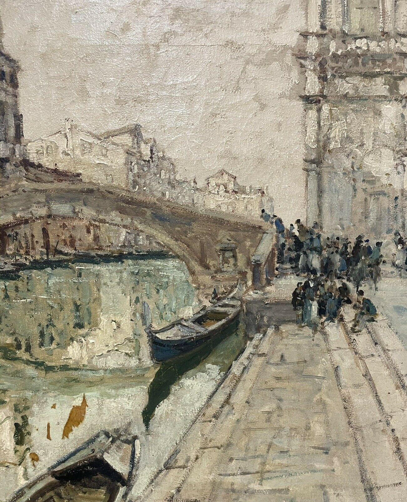 VERY LARGE 1960'S ITALIAN SIGNED OIL - MOODY IMPRESSIONIST VENICE CANAL SCENE - Beige Landscape Painting by Italian Signed