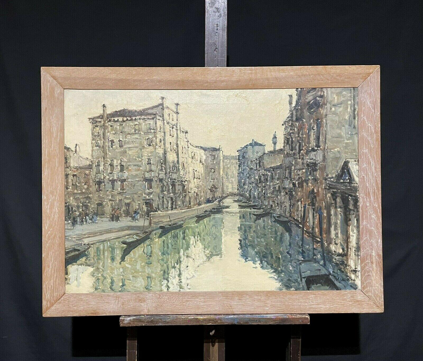 VERY LARGE PIÈCE D'OREILLE italienne SIGNÉE DES ANNÉES 1960 - SCENE CANAL DE TRANQUIL DE VOYAGES ImPRESSIONNistes - Painting de Italian artist