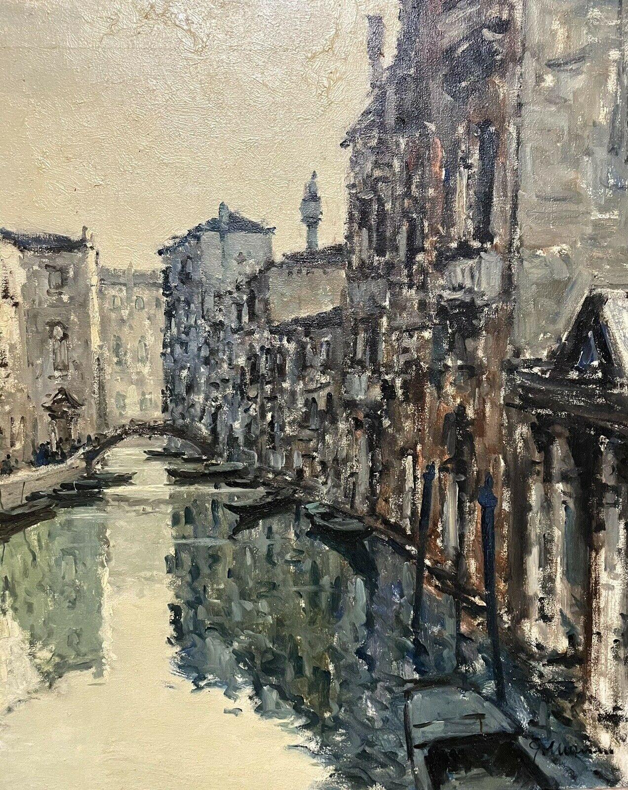 VERY LARGE PIÈCE D'OREILLE italienne SIGNÉE DES ANNÉES 1960 - SCENE CANAL DE TRANQUIL DE VOYAGES ImPRESSIONNistes en vente 1