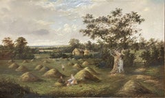 HUGE VICTORIAN SIGNED OIL HARVEST WORKERS HAVING PICNIC IN FIELD UNDER OAK TREE