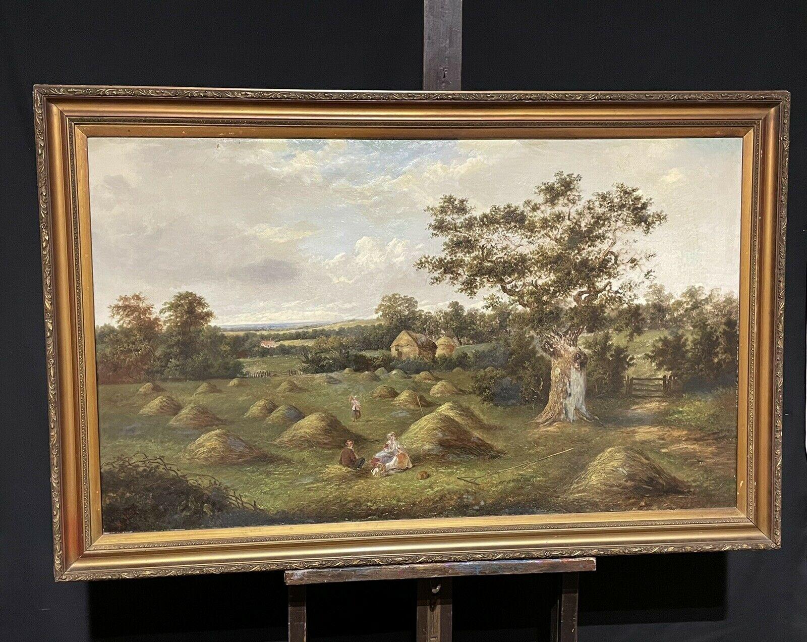HUGE VICTORIAN SIGNED OIL HARVEST WORKERS HAVING PICNIC IN FIELD UNDER OAK TREE - Victorian Painting by William Yates