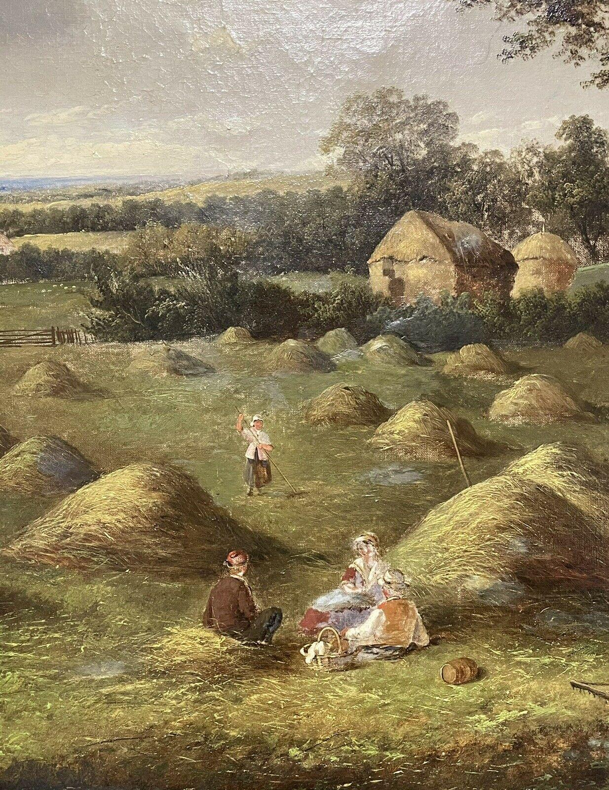 HUGE VICTORIAN SIGNED OIL HARVEST WORKERS HAVING PICNIC IN FIELD UNDER OAK TREE - Brown Landscape Painting by William Yates