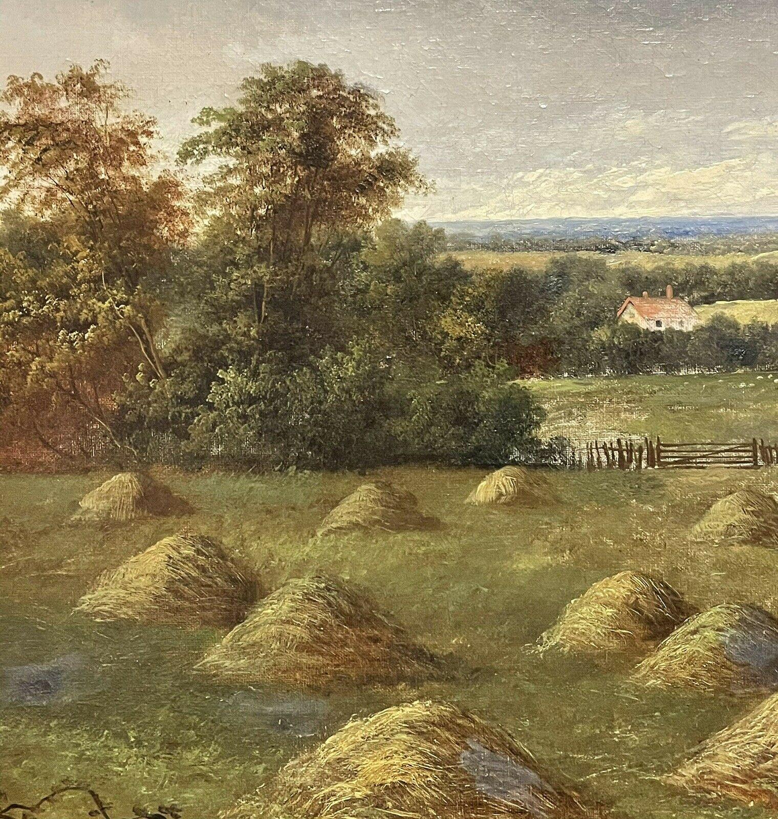 Artist/ School: William Yates, British late 19th century, signed lower corner.

Title: The End of the Harvest

Medium: oil painting on canvas, framed 

Size:  frame:     36 x 56 inches
           painting: 30 x 50 inches
        
Provenance: private